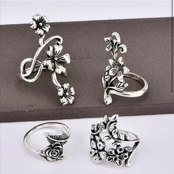 New 4Pcs Vintage Carved Rose Flower Leaf Knuckle Ring Set One Size - Picture 2 of 6